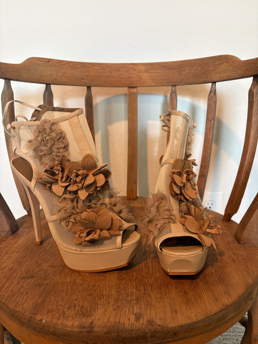 Floral Embellished Platform Heels in Beige - Women's